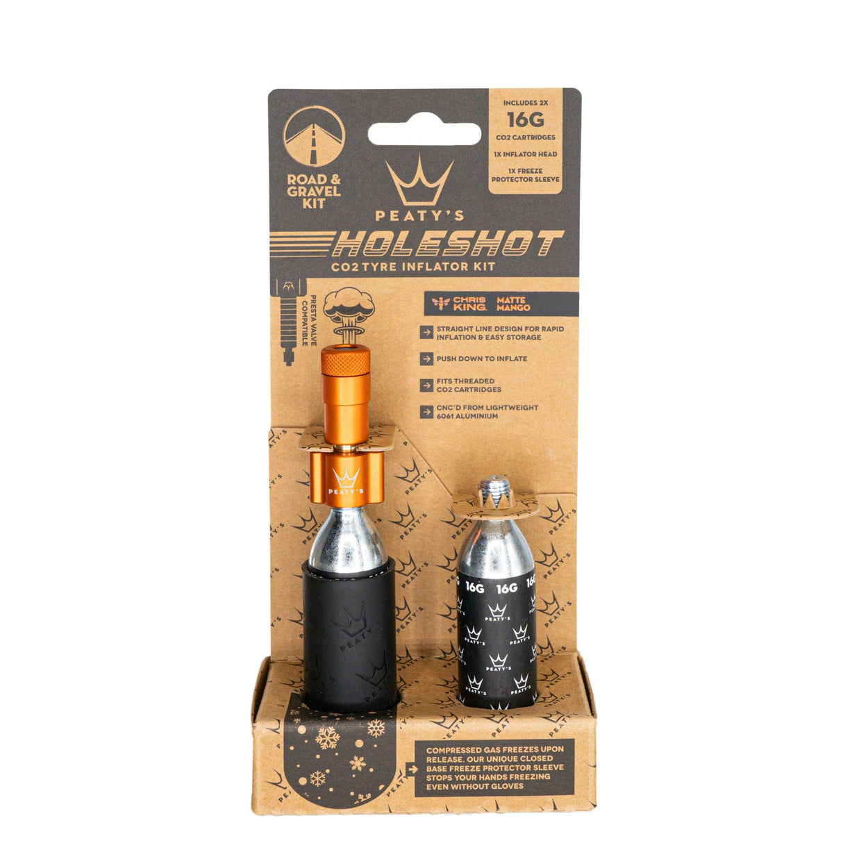 Peatys Holeshot Gravel/Road Tire Inflator Kit w/ CO2 Cartridges - Mango - The Lost Co. - Peaty's - B-YE5024 - 5060541583832 - -