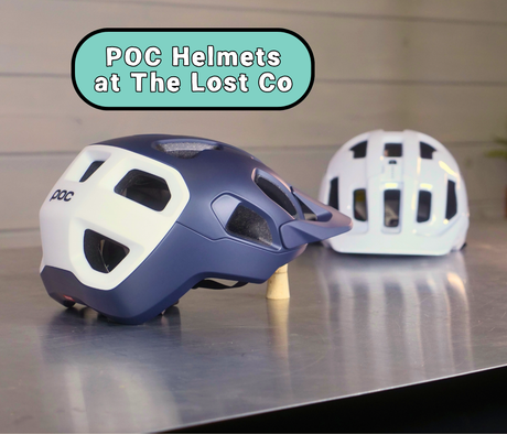 Two POC helmets displayed on a countertop at The Lost Co.